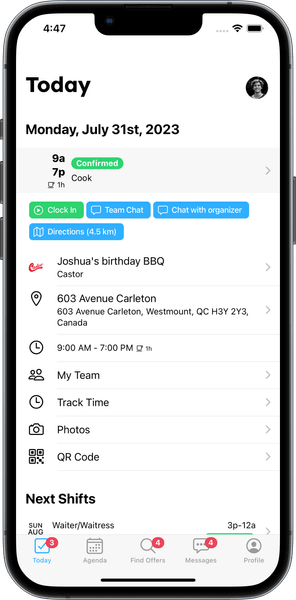 A mobile phone showing the Workstaff mobile app Today user interface