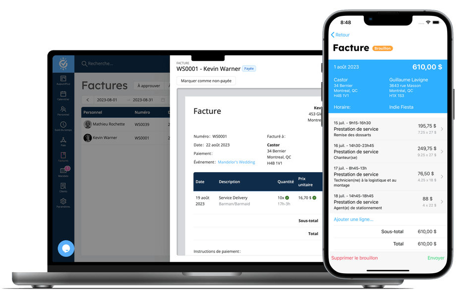 Un ordinateur portable et un téléphone montrant l'interface utilisateur de Workstaff pour la gestion des factures des entrepreneurs.