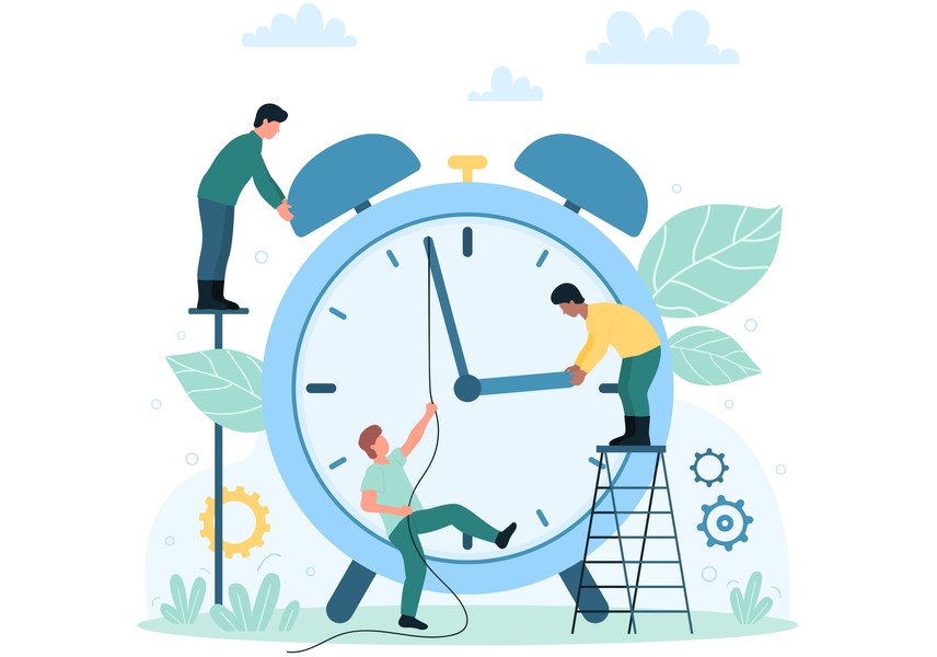 Illustration of three people actively working to repair a large alarm clock