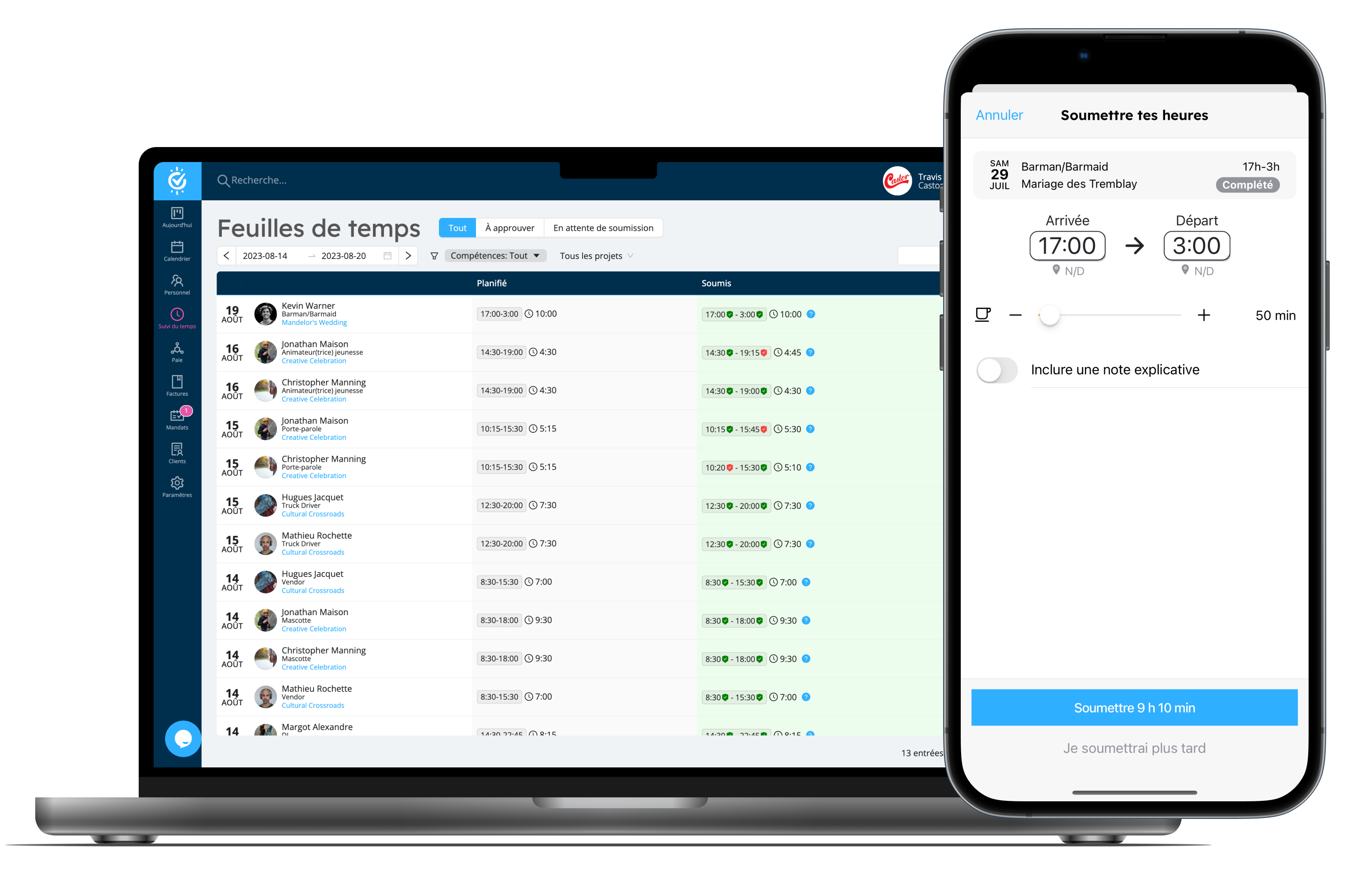 Un ordinateur portable et un téléphone mobile montrant l'interface utilisateur du système de suivi des heures de travail de Workstaff